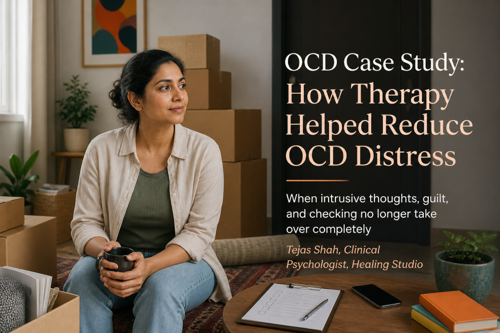 OCD case study showing an Indian woman calmly managing a life transition after therapy for intrusive thoughts and checking.