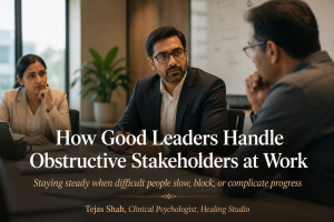 Indian workplace leader dealing with difficult stakeholders calmly during a tense professional meeting