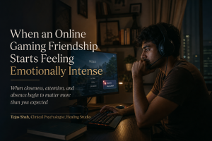 Emotional attachment to online friend shown through an Indian adult gaming alone at night