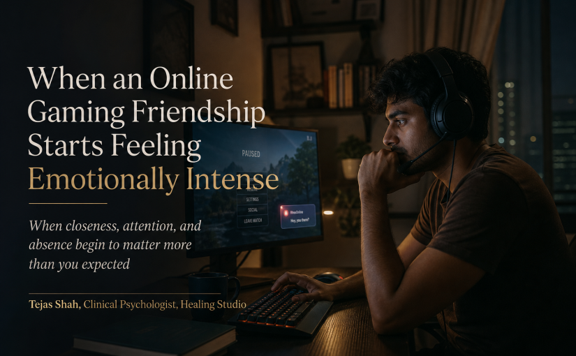 Emotional attachment to online friend shown through an Indian adult gaming alone at night