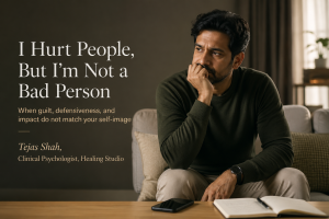 Thoughtful Indian adult reflecting after conflict for article “I hurt people but I’m not a bad person” — Tejas Shah | Healing Studio