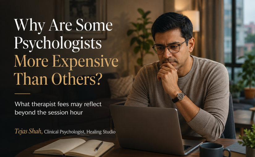Thoughtful Indian adult comparing psychologist options and reflecting on psychologist fees in India | Tejas Shah | Healing Studio
