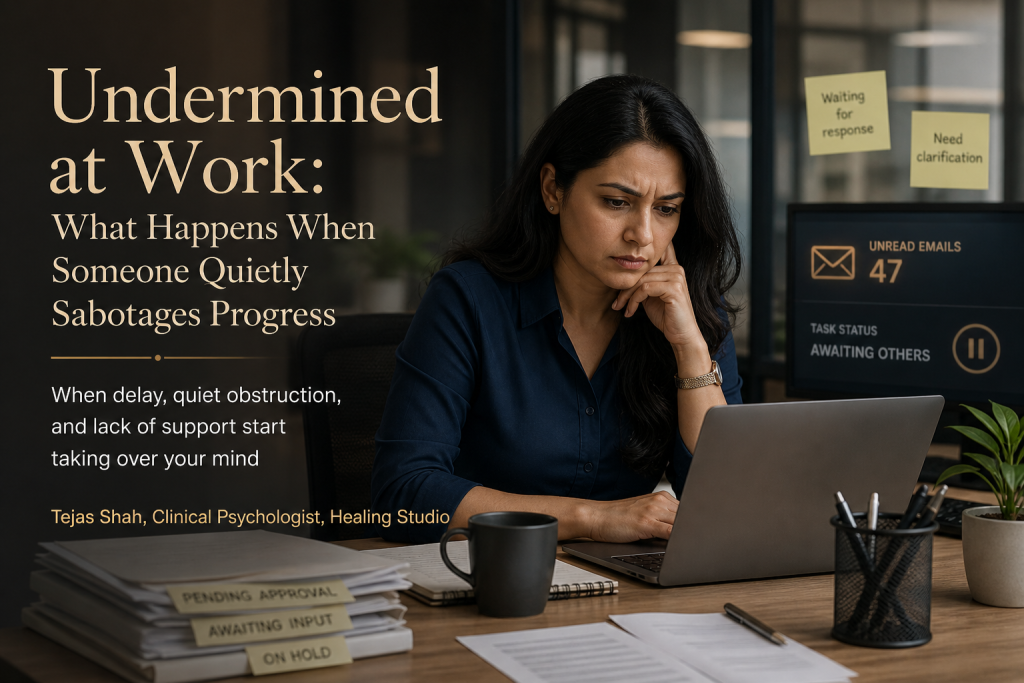 Indian professional feeling undermined at work while facing subtle workplace sabotage in an office setting — Tejas Shah | Healing Studio