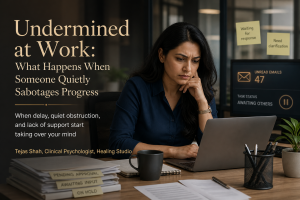 Indian professional feeling undermined at work while facing subtle workplace sabotage in an office setting — Tejas Shah | Healing Studio