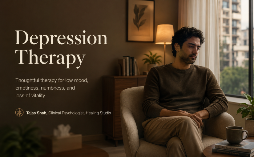 Depression therapy in Mumbai with Tejas Shah at Healing Studio, showing a reflective Indian adult in a calm therapy setting