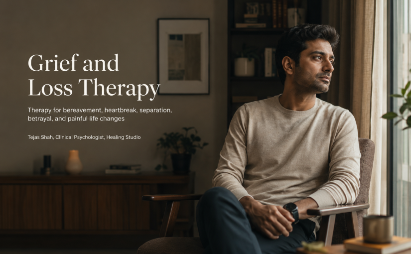 Contemporary Indian adult in a reflective therapy setting for Grief and Loss Therapy in Mumbai