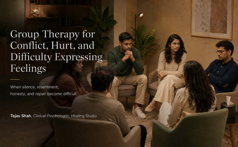 Group therapy for conflict, hurt, and difficulty expressing feelings in Mumbai with contemporary Indian adults in a reflective therapy room.