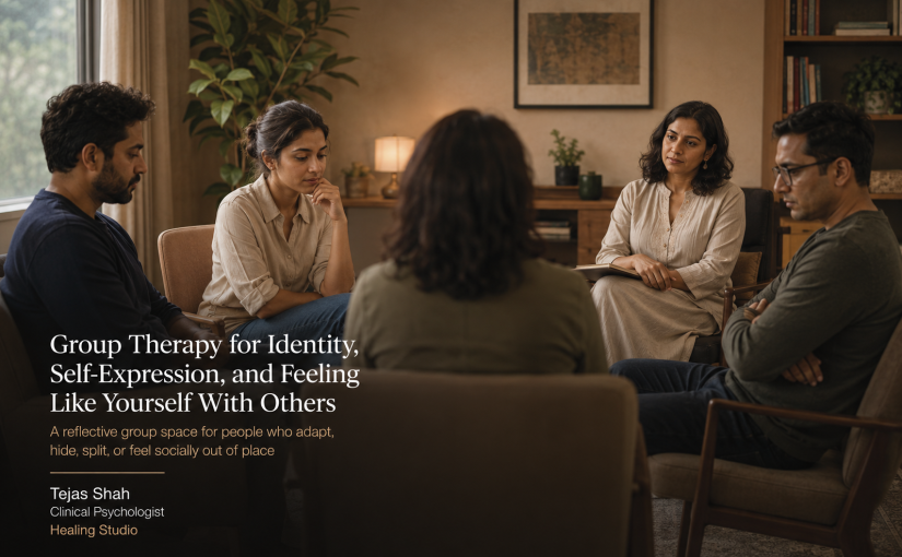 Group Therapy for Identity, Self-Expression, and Feeling Like Yourself With Others in Mumbai with Indian adults in a reflective therapy group.