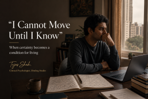 “I Cannot Move Until I Know”: The Neurosis of Prerequisites Indian man sitting in an apartment overwhelmed by overthinking in I cannot move until I know article
