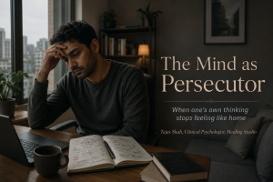 Indian man sitting alone in an apartment as my mind feels like my enemy and overthinking becomes unbearable