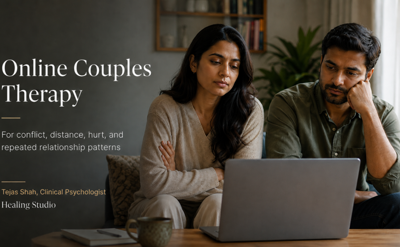 Online Couples Therapy in India with an Indian couple attending a private online relationship therapy session at home