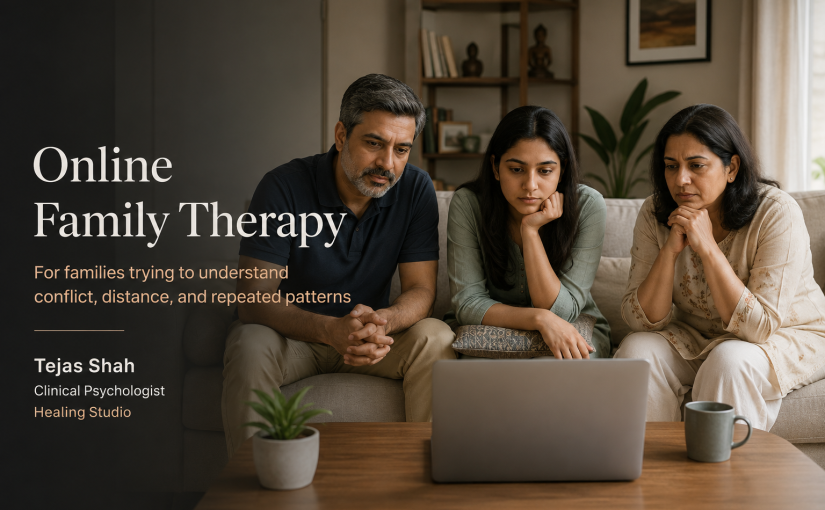 Online family therapy in India session with an Indian family speaking to a therapist on a laptop in a calm home setting