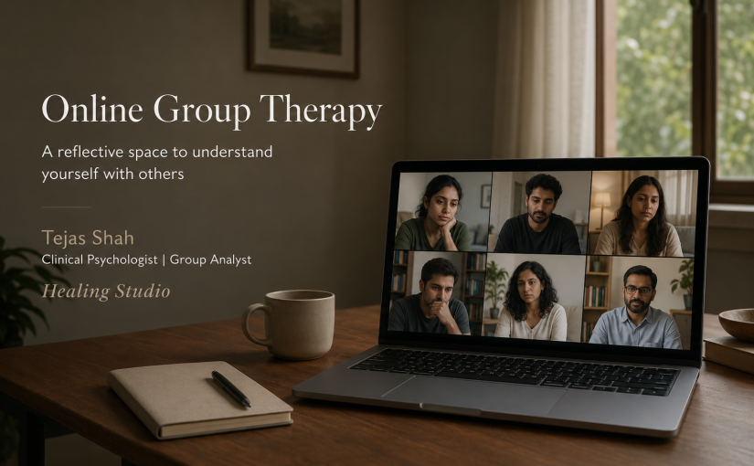 Online group therapy in India with Tejas Shah showing adults in a reflective online therapy group.