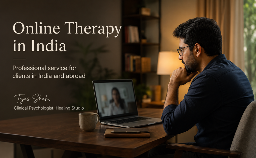 Online therapy in India with Tejas Shah, Clinical Psychologist in Mumbai, showing a private Zoom therapy session from home.