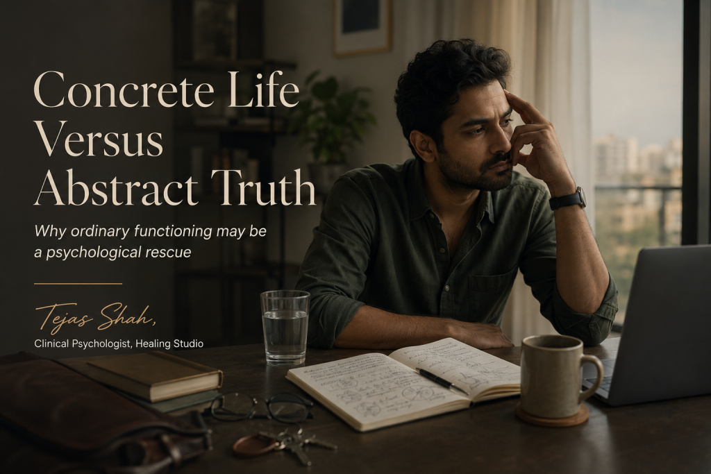 Indian man in urban apartment struggling with abstract thinking while trying to return to ordinary functioning and daily routine