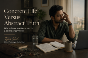 Indian man in urban apartment struggling with abstract thinking while trying to return to ordinary functioning and daily routine