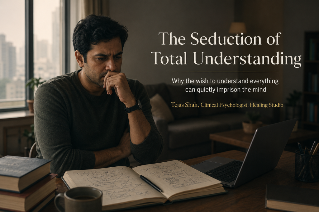 Indian man in an apartment looking mentally exhausted while chasing total understanding and existential certainty