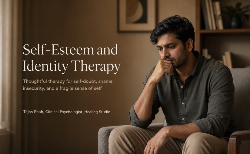 Self-Esteem and Identity Therapy in Mumbai with Tejas Shah, showing a reflective Indian adult in a calm therapy setting