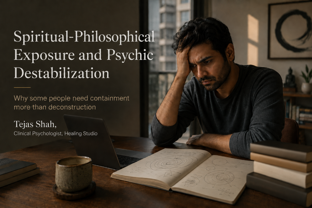 Spiritual ideas causing anxiety in an Indian man sitting alone in reflective mental distress
