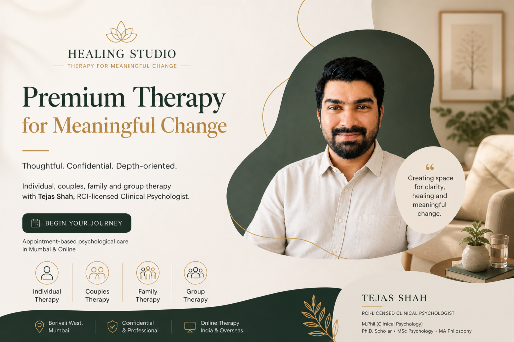 Tejas Shah, RCI-licensed Clinical Psychologist at Healing Studio, Mumbai.