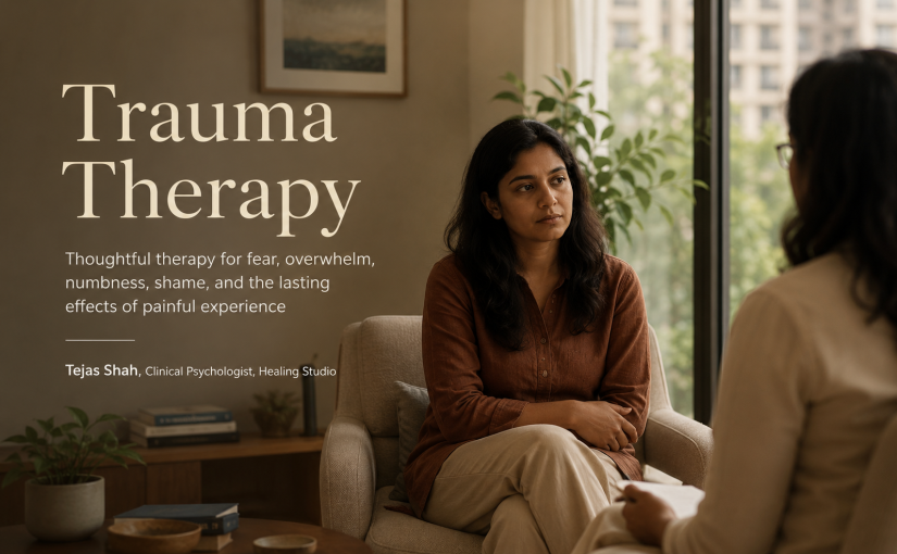 Trauma Therapy in Mumbai with Tejas Shah, showing a calm therapy setting and an emotionally guarded Indian adult